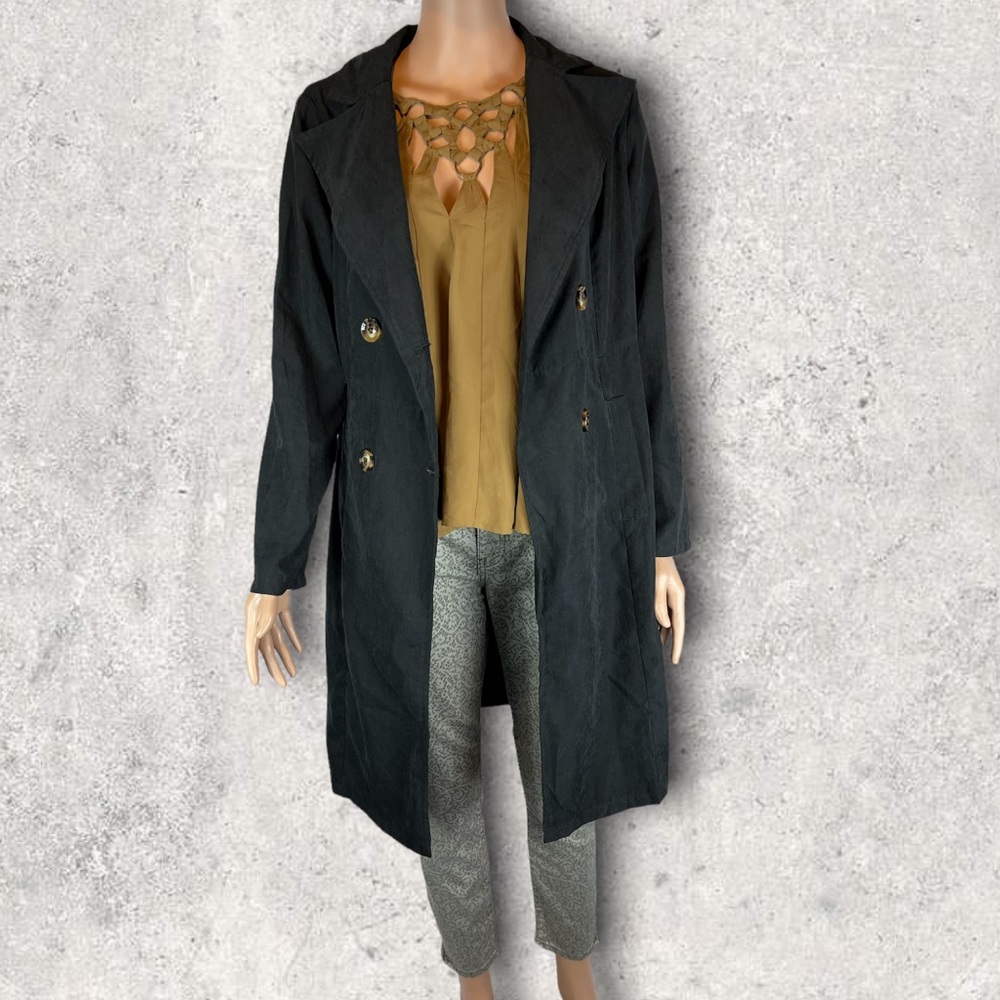 SHEIN Suede Double-Breasted Lightweight Long Coat, Black | S - Picture 3 of 16